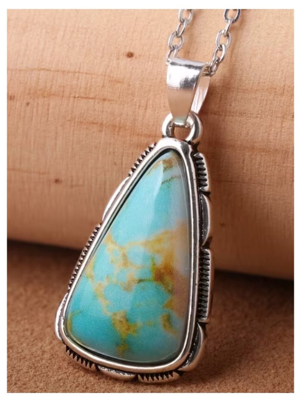 NWT Bohemian Faux Turquoise Teardrop Silvery Pendant Necklace Boho Western Retro